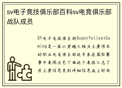 sv电子竞技俱乐部百科sv电竞俱乐部战队成员