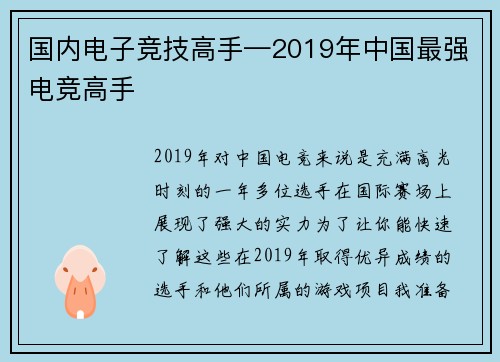 国内电子竞技高手—2019年中国最强电竞高手